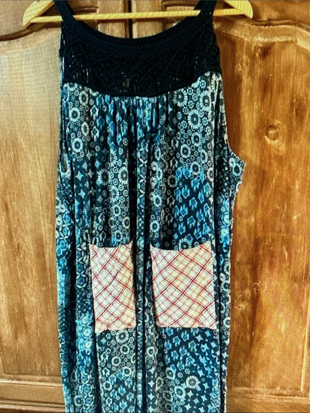Blue Patterned Midi Dress with Black Crochet Yoke